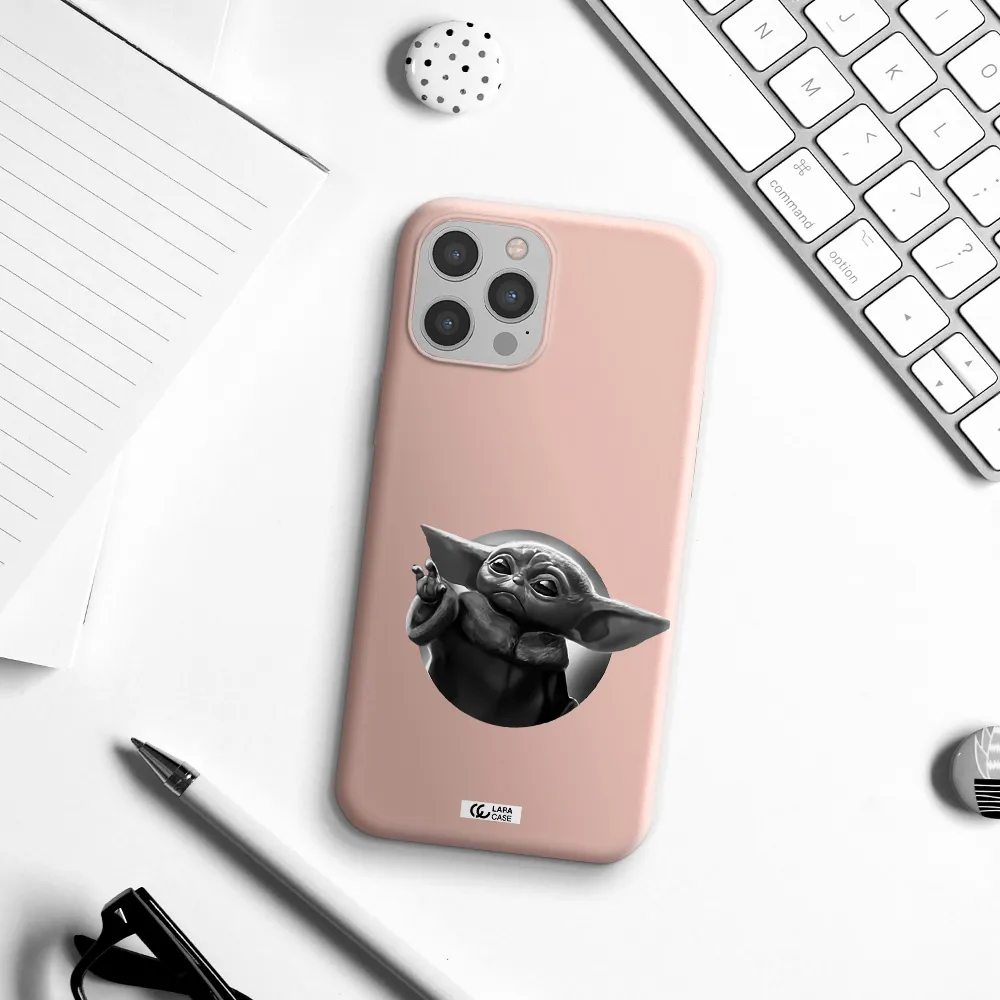 a black and white image of a baby yoda Apple iPhone 12 pro max Silicone pastel pink Case