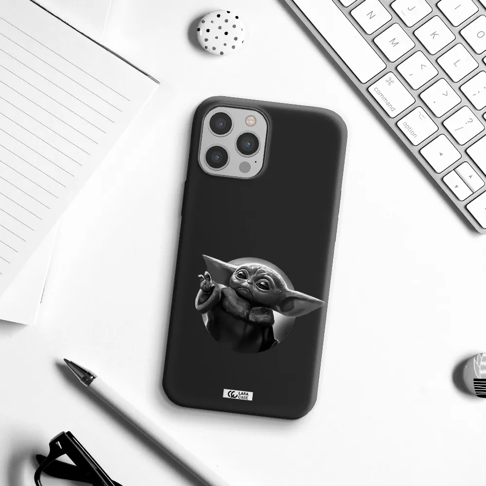 a black and white image of a baby yoda Apple iPhone 12 pro Silicone black Case