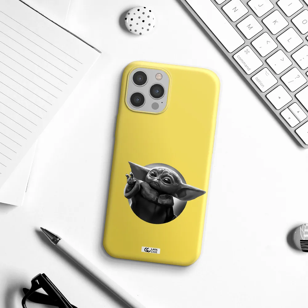 a black and white image of a baby yoda Apple iPhone 12 pro Silicone canary yellow Case