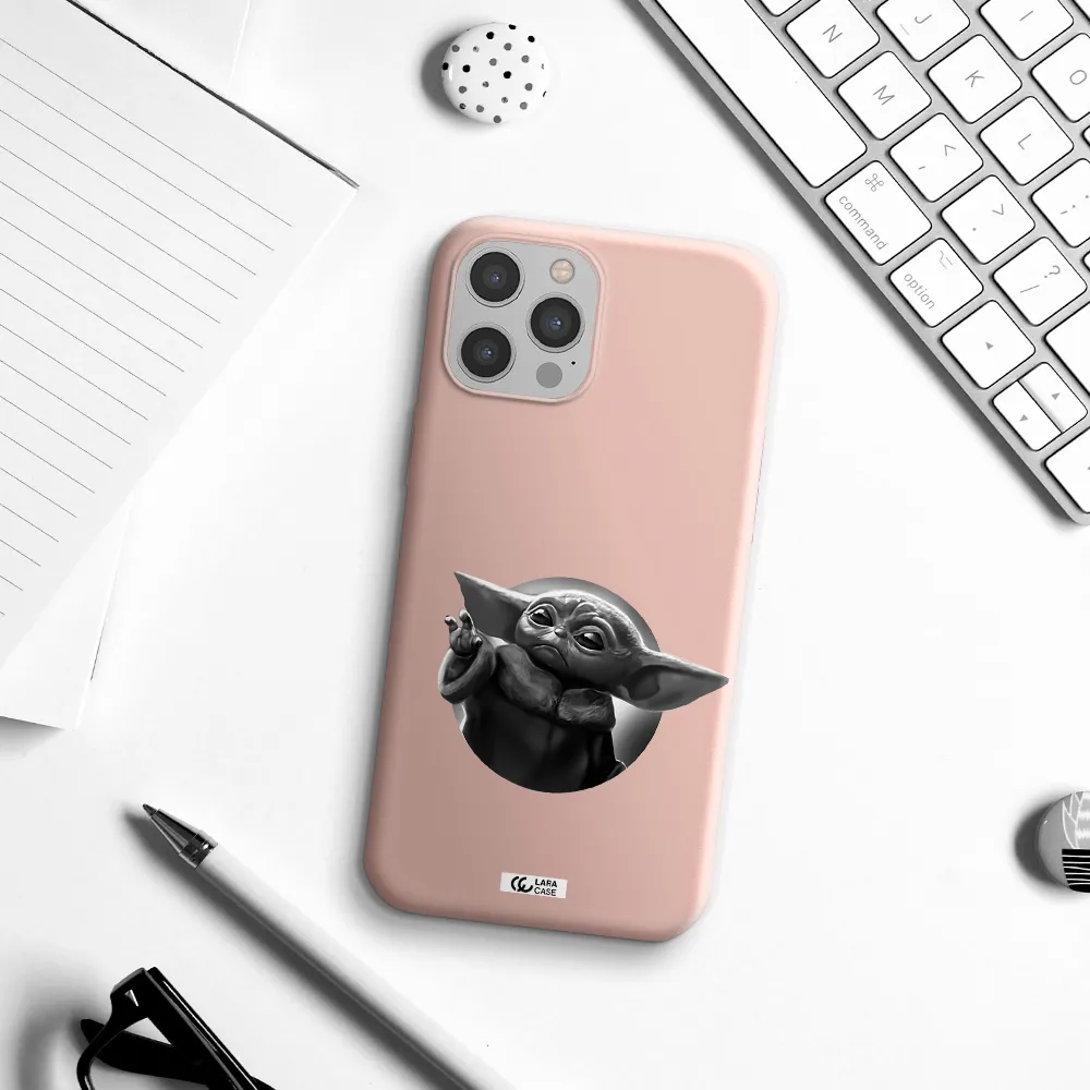 a black and white image of a baby yoda Apple iPhone 12 pro Silicone pastel pink Case