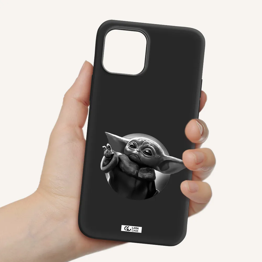 a black and white image of a baby yoda Apple iPhone 12 Silicone black Case