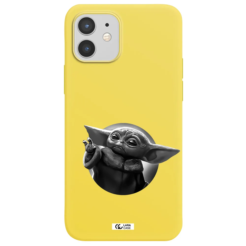 a black and white image of a baby yoda Apple iPhone 12 Silicone canary yellow Case