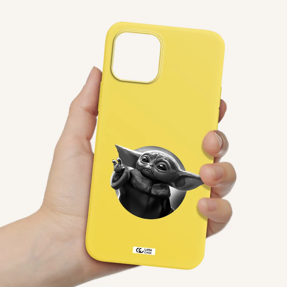 a black and white image of a baby yoda Apple iPhone 12 Silicone canary yellow Case