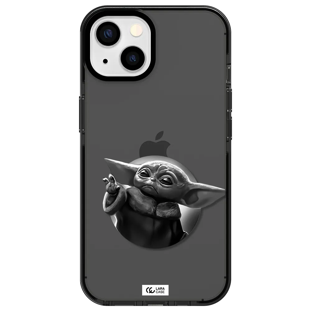 a black and white image of a baby yoda Apple iPhone 13 impact Smoke Black Case