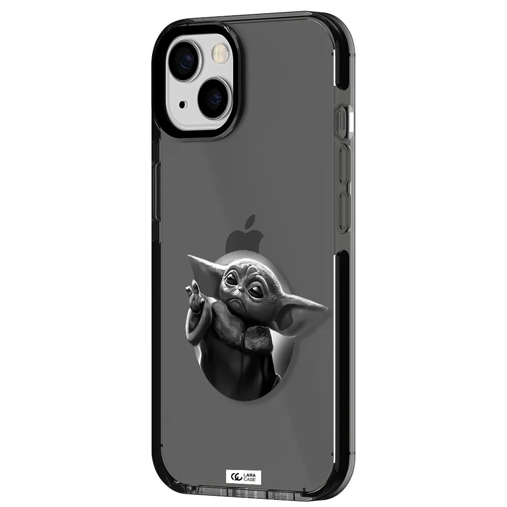 a black and white image of a baby yoda Apple iPhone 13 impact Smoke Black Case