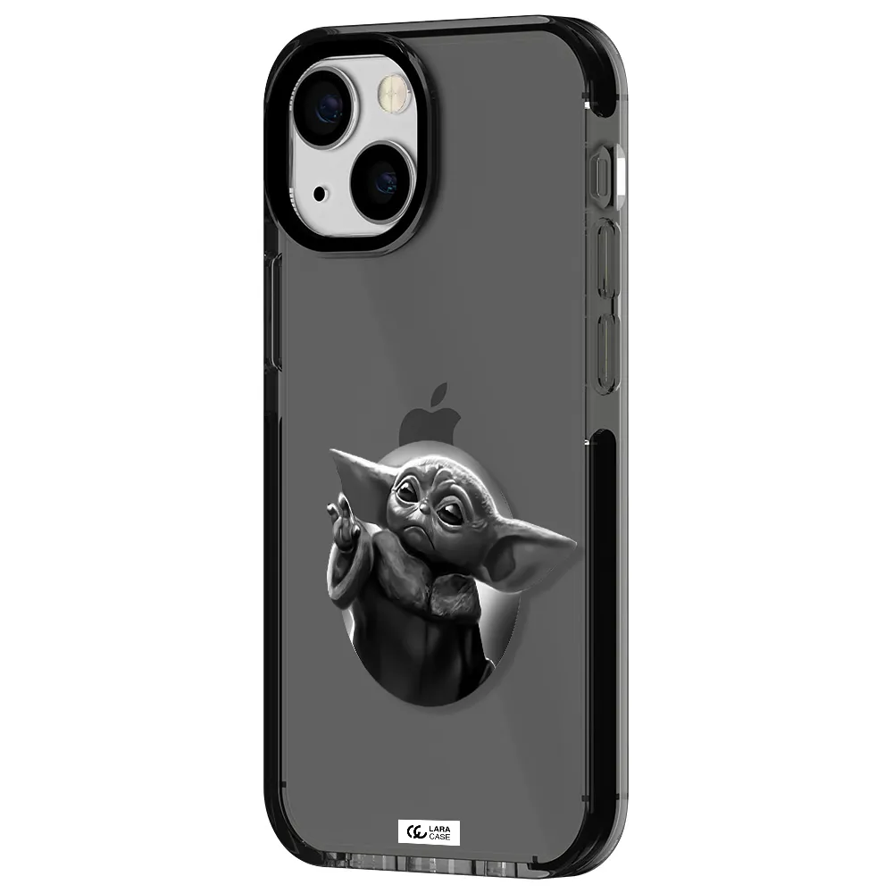 a black and white image of a baby yoda Apple iPhone 13 mini impact Smoke Black Case