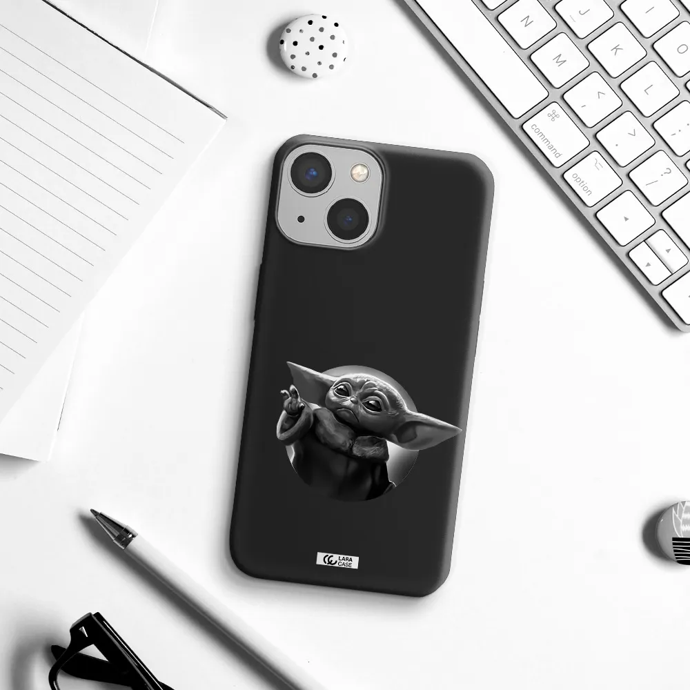 a black and white image of a baby yoda Apple iPhone 13 mini Silicone black Case
