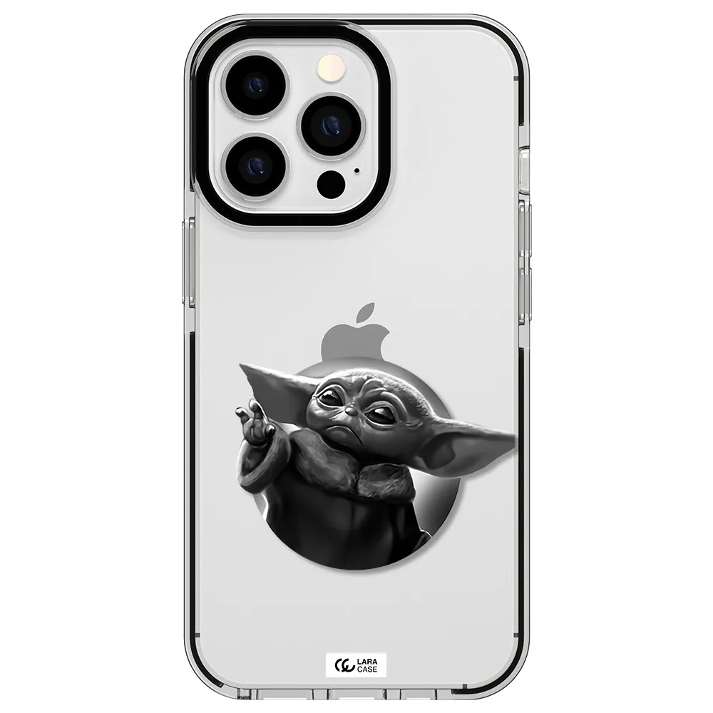 a black and white image of a baby yoda Apple iPhone 13 Pro impact black border Case