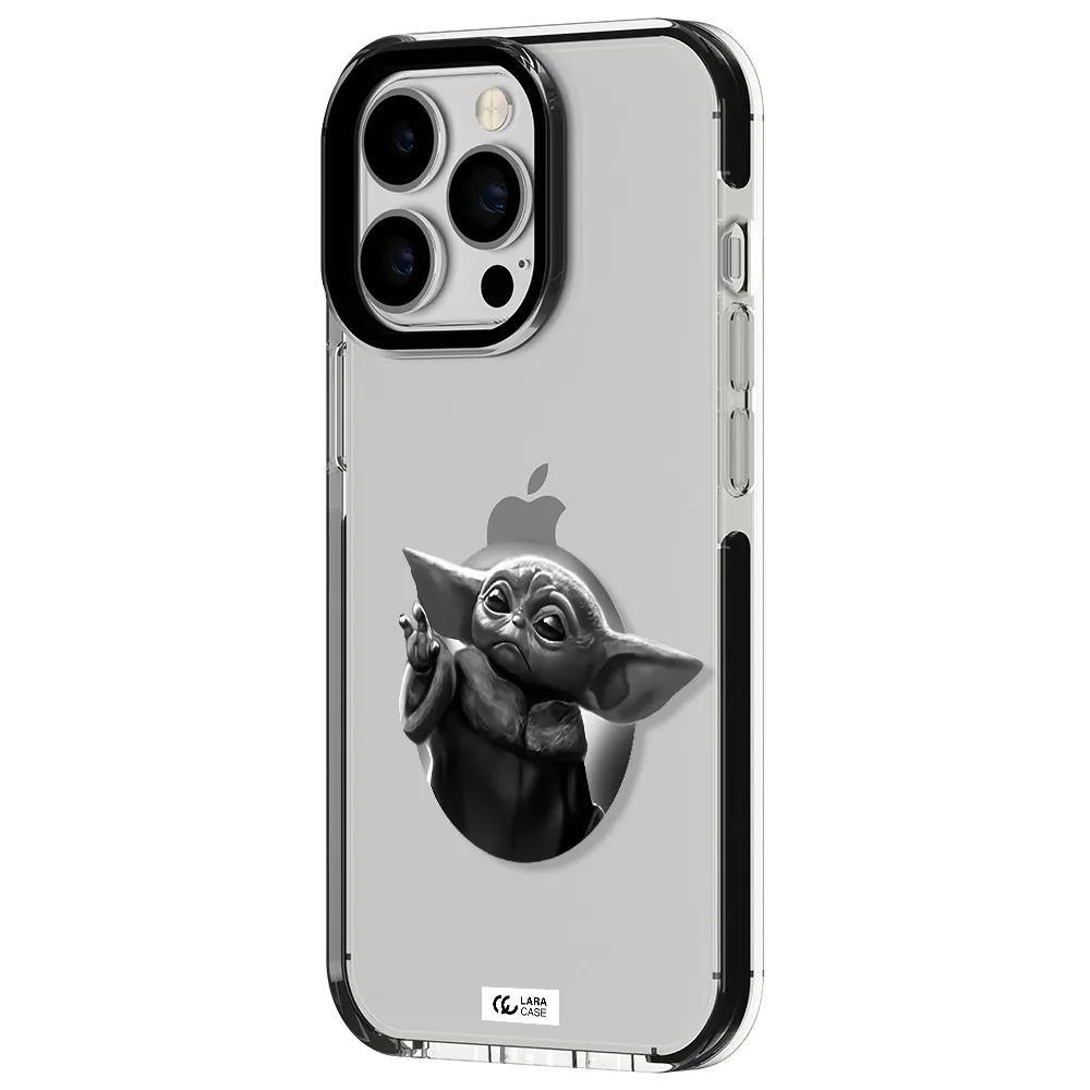 a black and white image of a baby yoda Apple iPhone 13 Pro impact black border Case