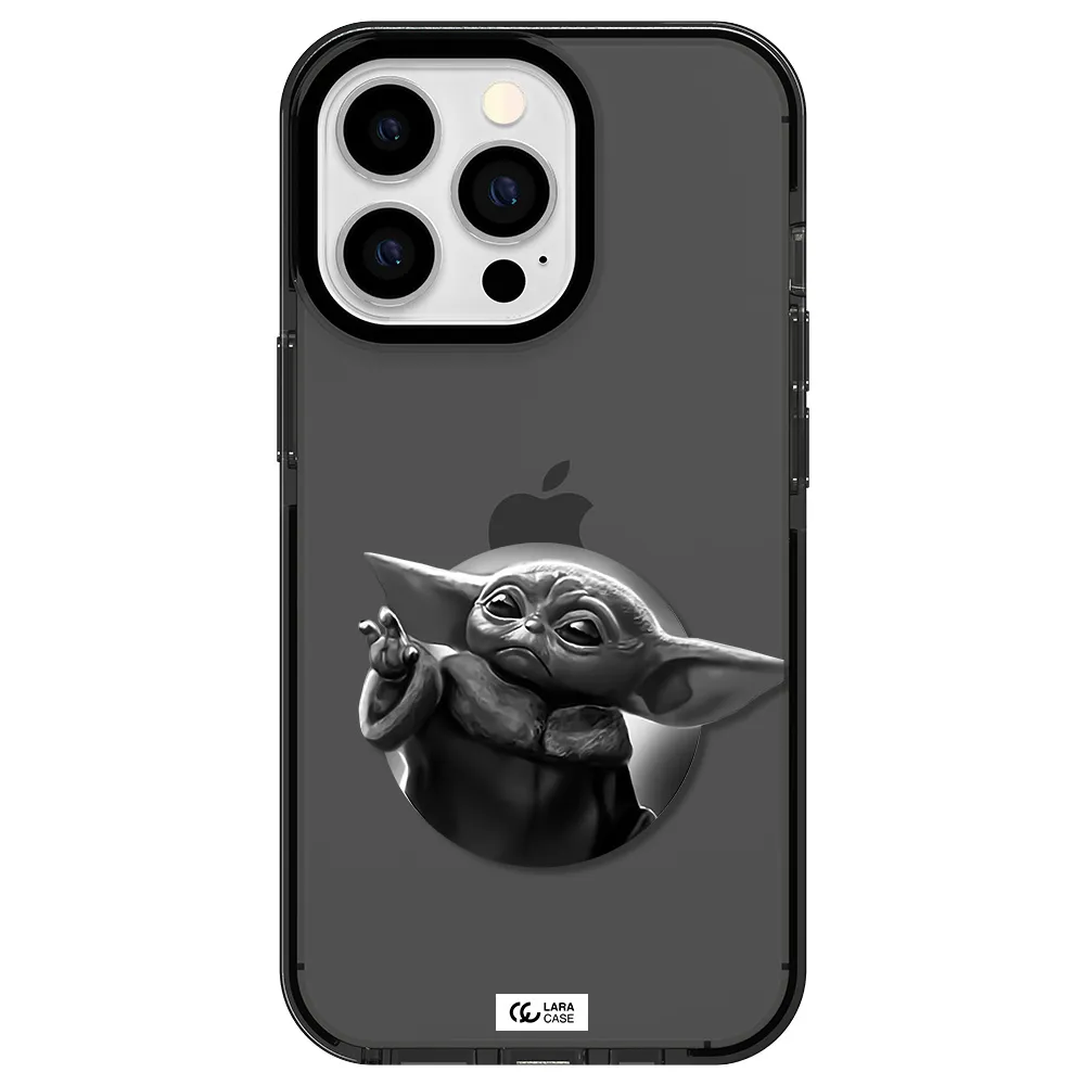 a black and white image of a baby yoda Apple iPhone 13 Pro impact Smoke Black Case