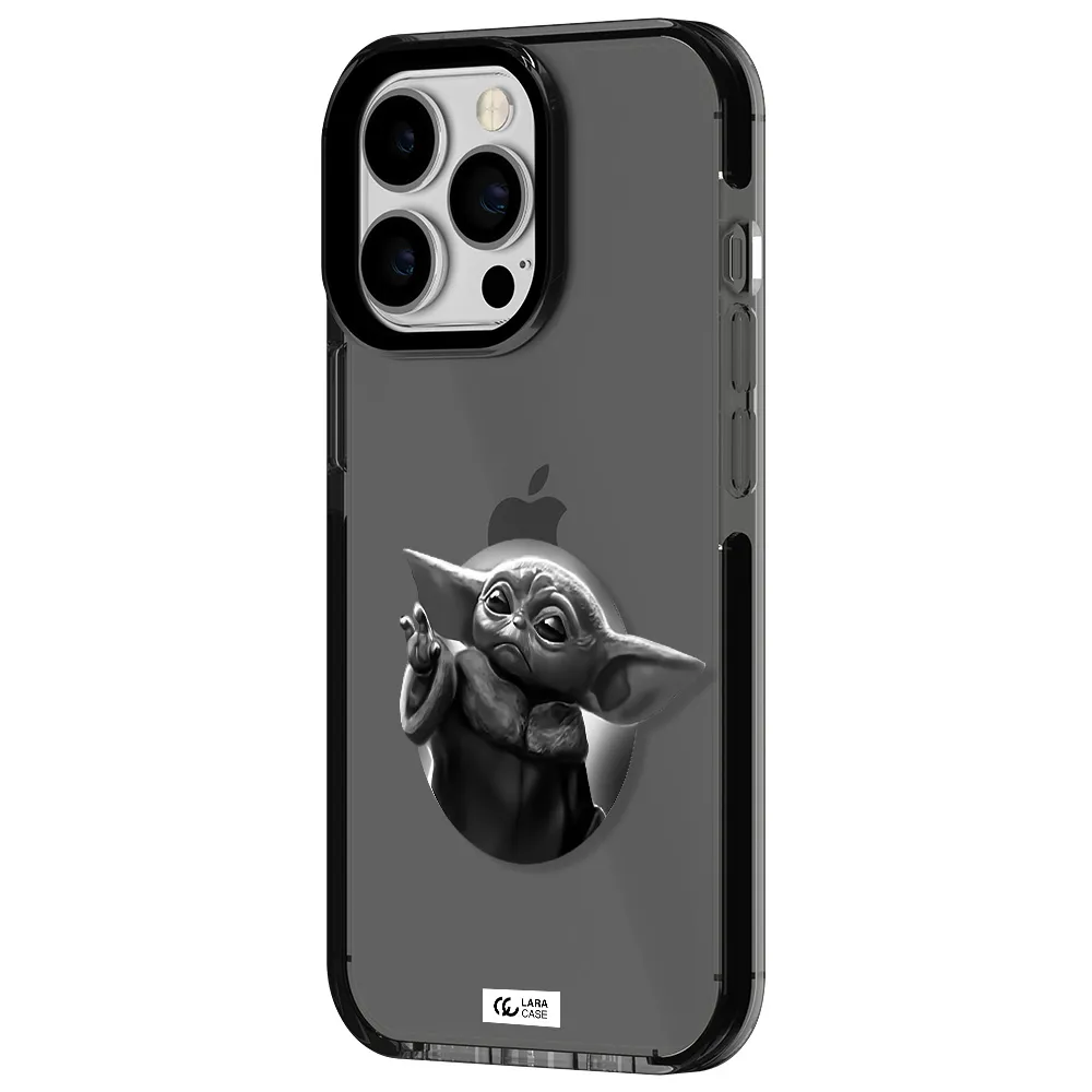 a black and white image of a baby yoda Apple iPhone 13 Pro impact Smoke Black Case