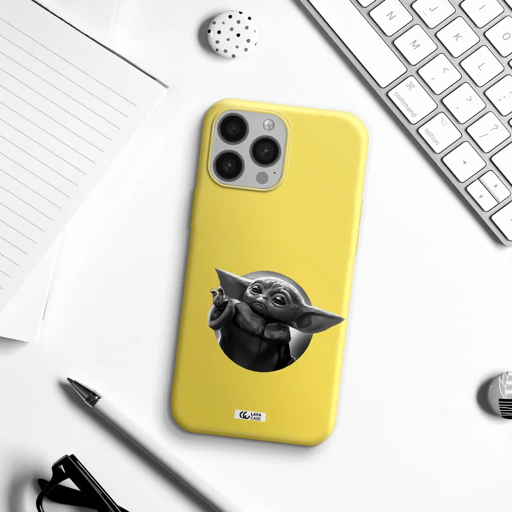 a black and white image of a baby yoda Apple iPhone 13 Pro Silicone canary yellow Case