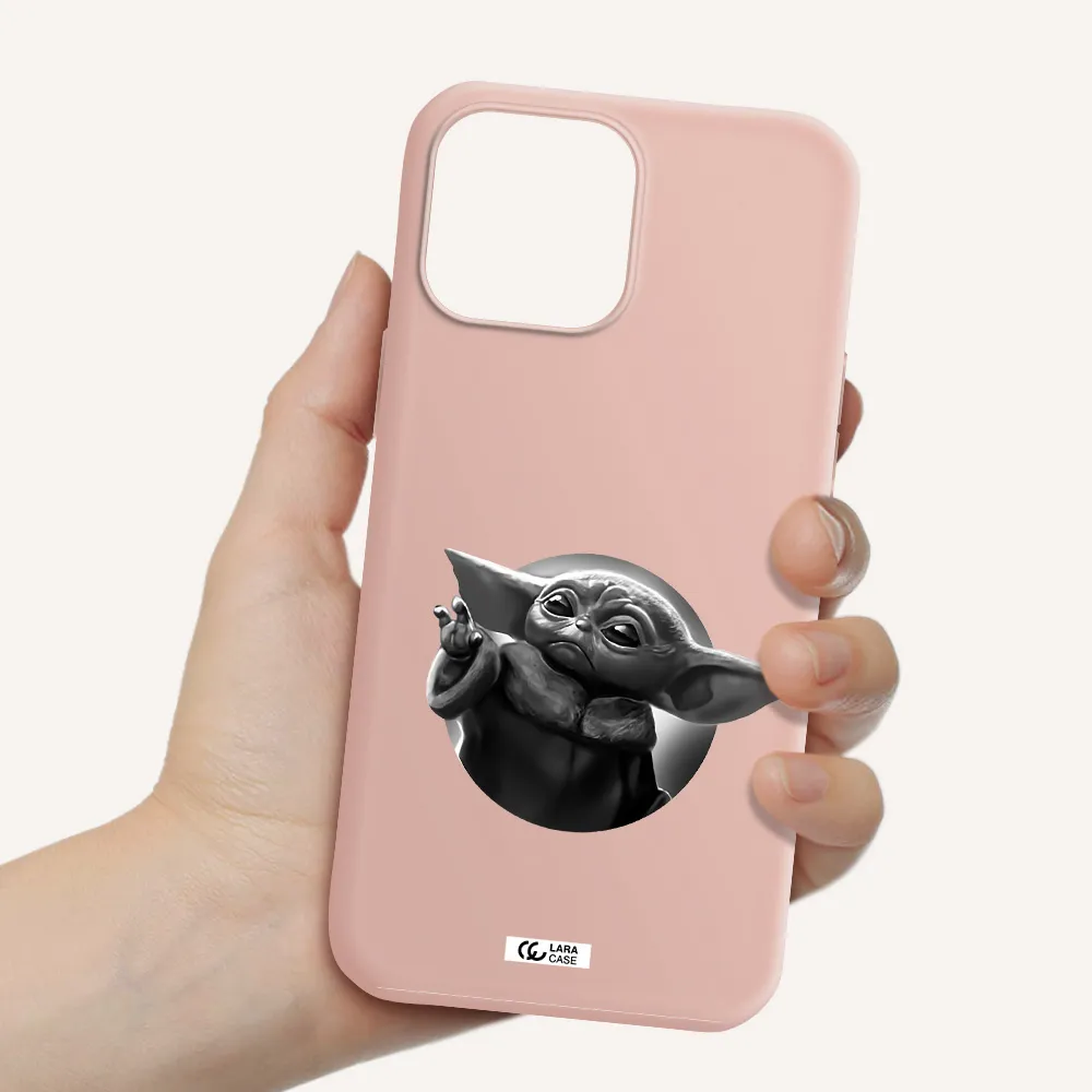 a black and white image of a baby yoda Apple iPhone 13 Pro Silicone pastel pink Case