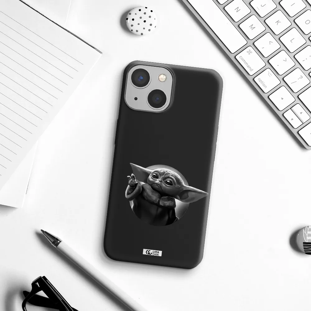 a black and white image of a baby yoda Apple iPhone 13 Silicone black Case