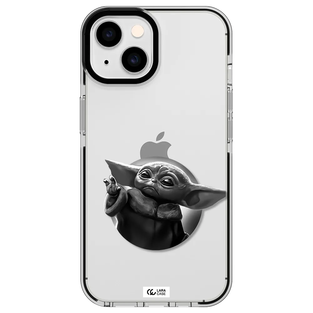 a black and white image of a baby yoda Apple iPhone 14 impact black border Case