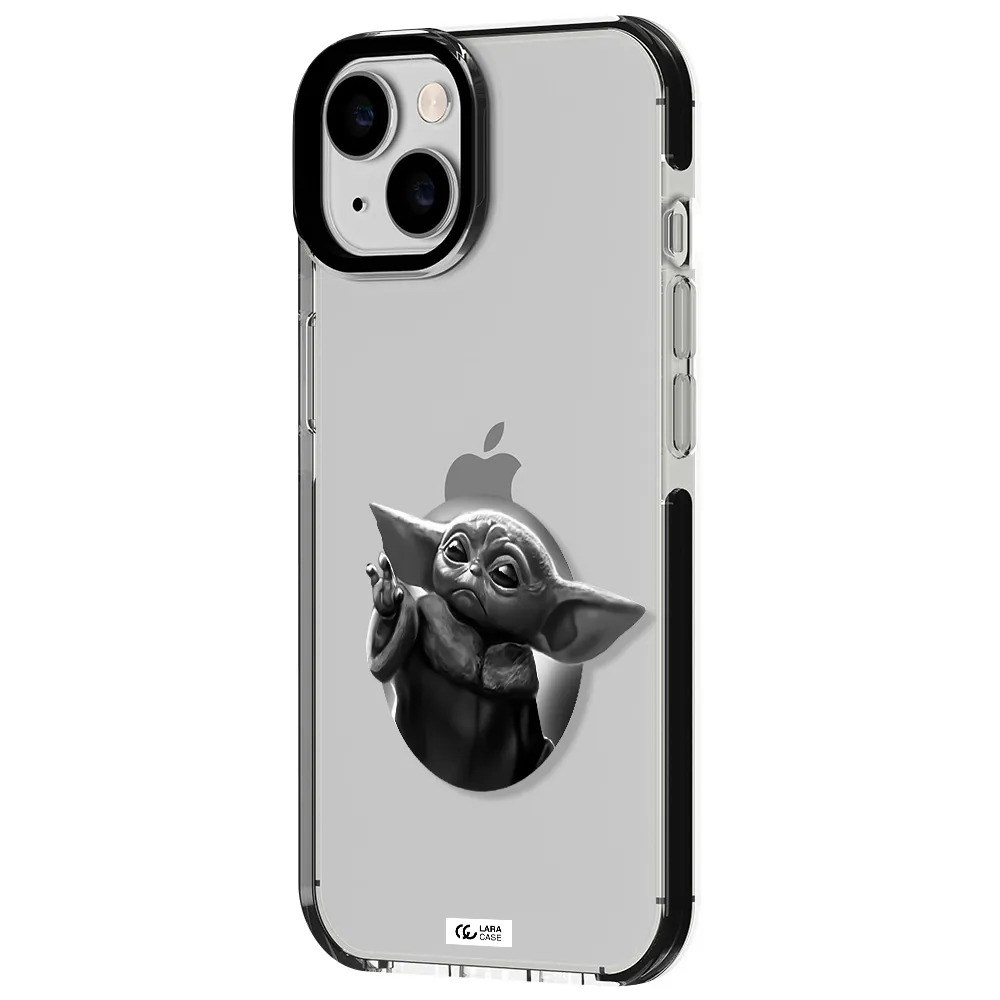 a black and white image of a baby yoda Apple iPhone 14 impact black border Case