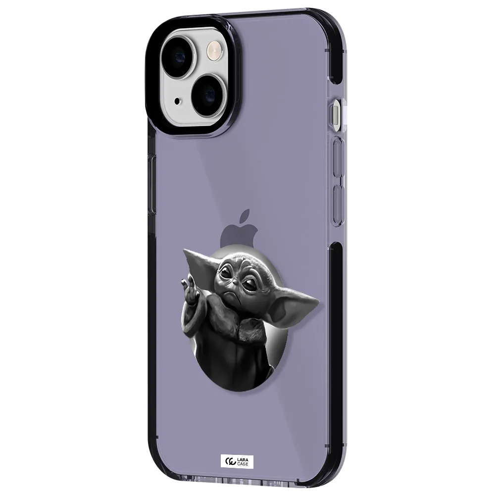 a black and white image of a baby yoda Apple iPhone 14 impact Lilac Case