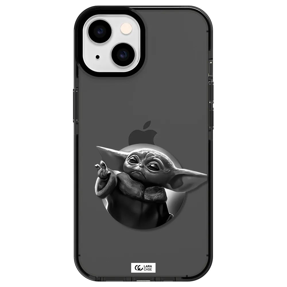 a black and white image of a baby yoda Apple iPhone 14 impact Smoke Black Case