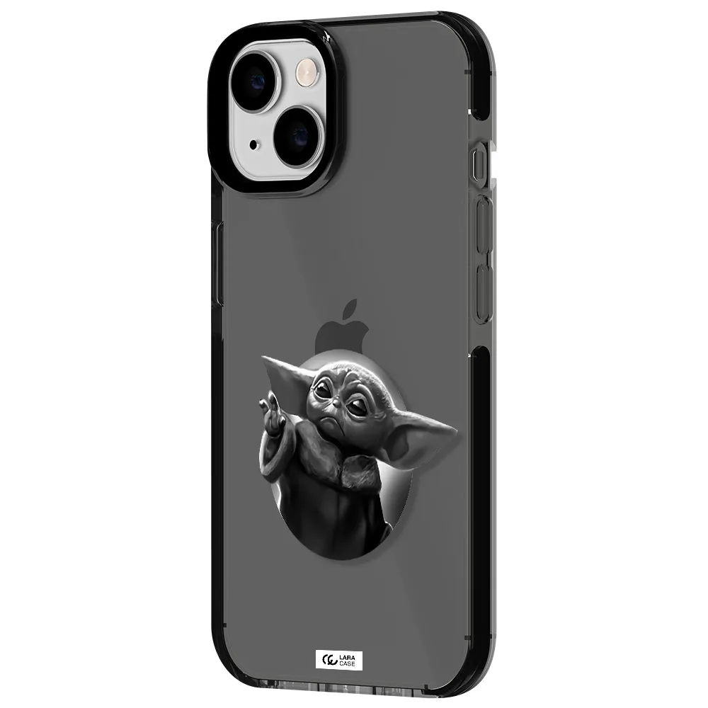 a black and white image of a baby yoda Apple iPhone 14 impact Smoke Black Case