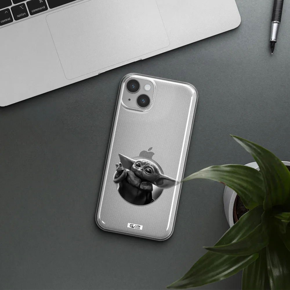 a black and white image of a baby yoda Apple iPhone 14 plus Clear TPU Case