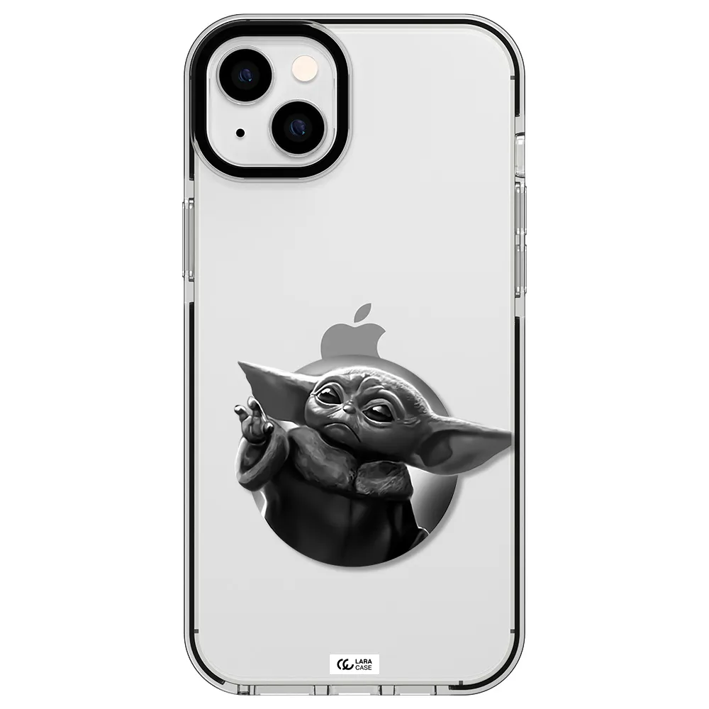 a black and white image of a baby yoda Apple iPhone 14 plus impact black border Case