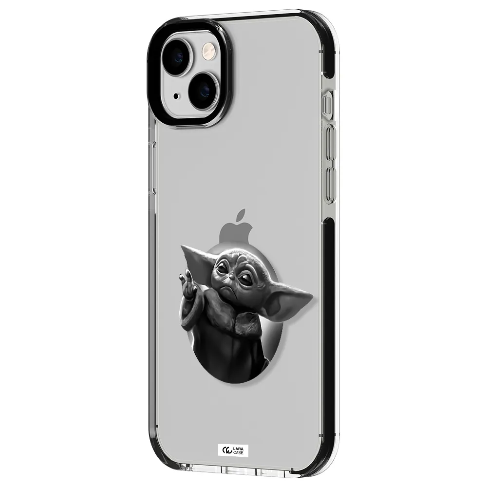 a black and white image of a baby yoda Apple iPhone 14 plus impact black border Case