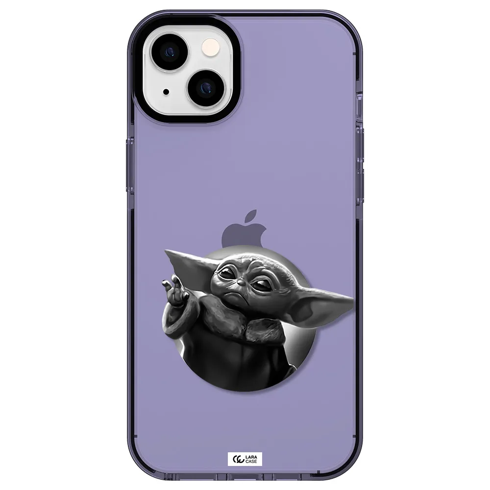 a black and white image of a baby yoda Apple iPhone 14 plus impact Lilac Case