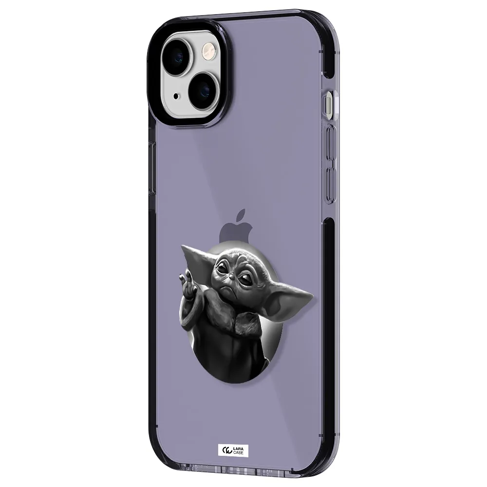 a black and white image of a baby yoda Apple iPhone 14 plus impact Lilac Case