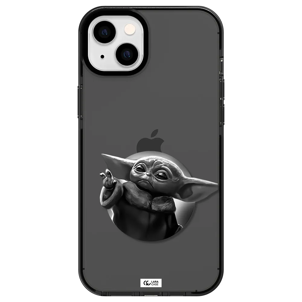 a black and white image of a baby yoda Apple iPhone 14 plus impact Smoke Black Case