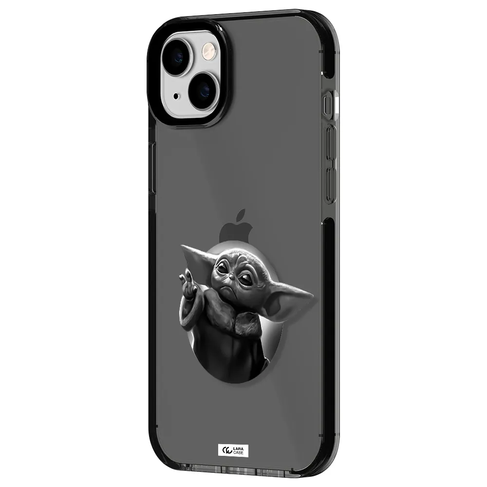 a black and white image of a baby yoda Apple iPhone 14 plus impact Smoke Black Case