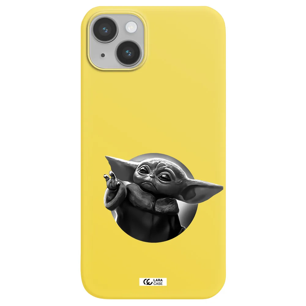 a black and white image of a baby yoda Apple iPhone 14 plus Silicone canary yellow Case