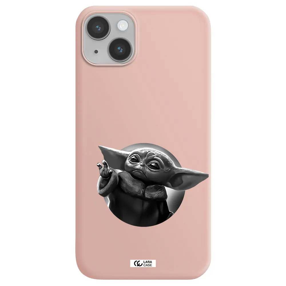 a black and white image of a baby yoda Apple iPhone 14 plus Silicone pastel pink Case