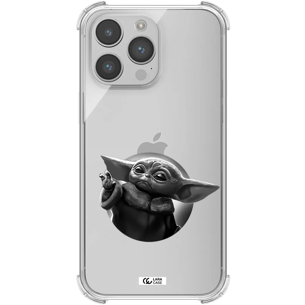 a black and white image of a baby yoda Apple iPhone 14 pro Clear PC Case