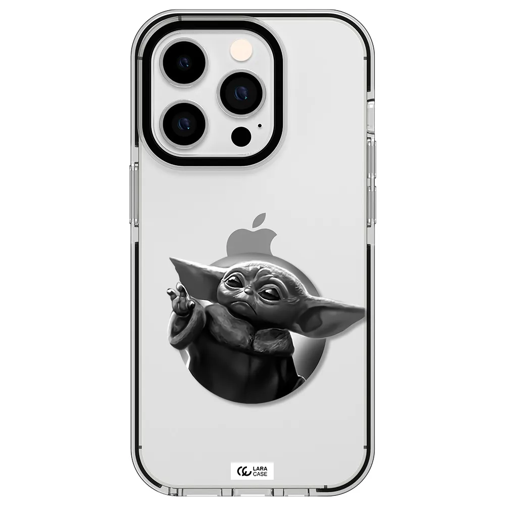 a black and white image of a baby yoda Apple iPhone 14 pro impact black border Case