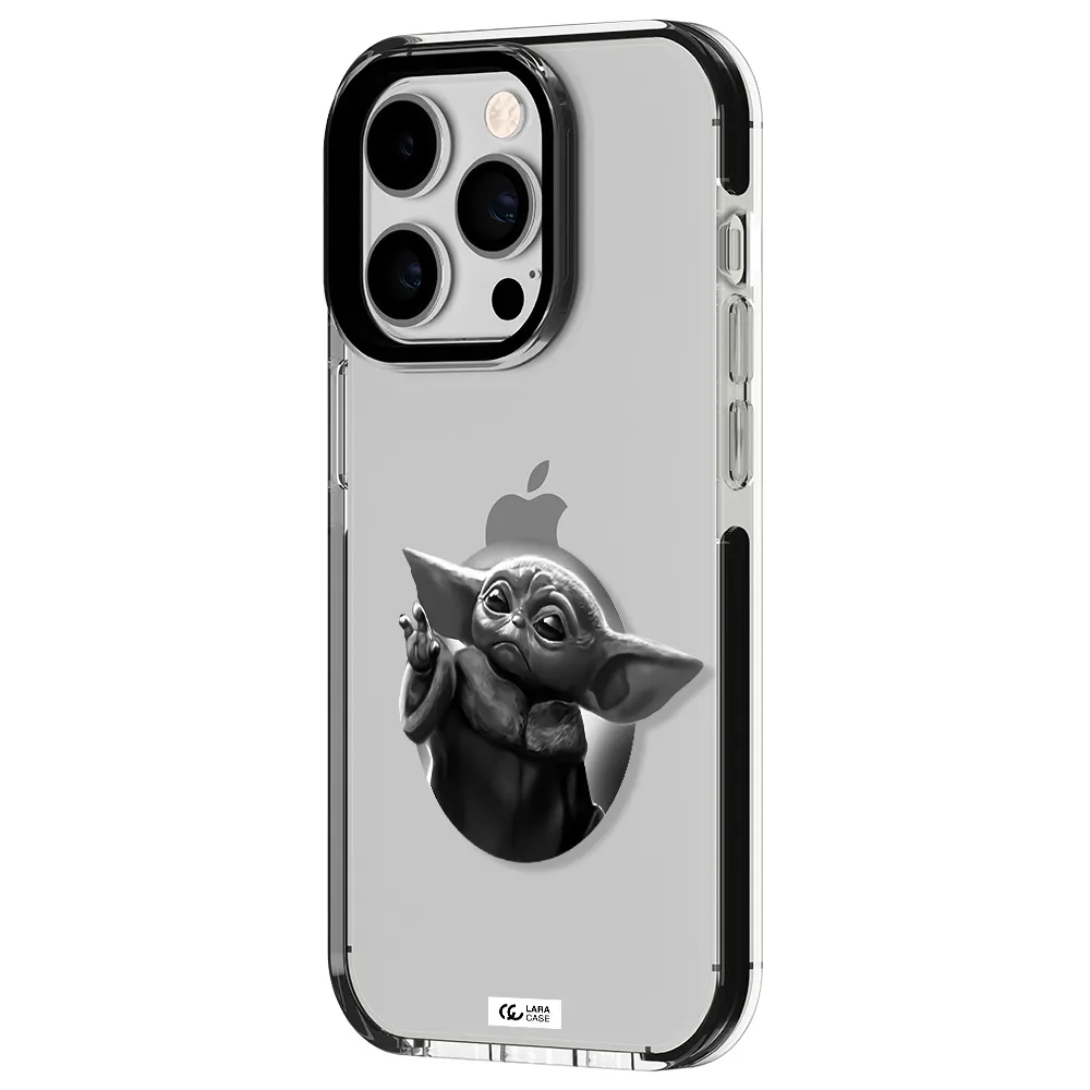 a black and white image of a baby yoda Apple iPhone 14 pro impact black border Case