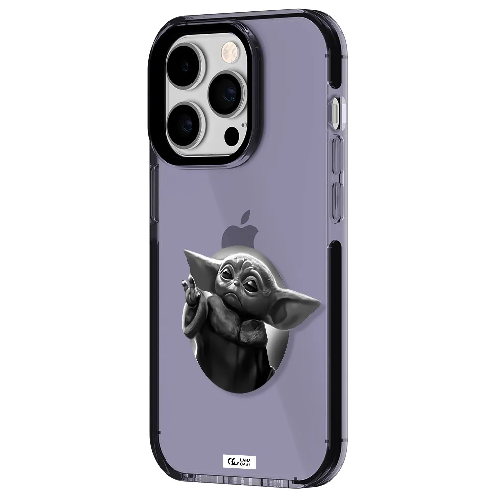 a black and white image of a baby yoda Apple iPhone 14 pro impact Lilac Case