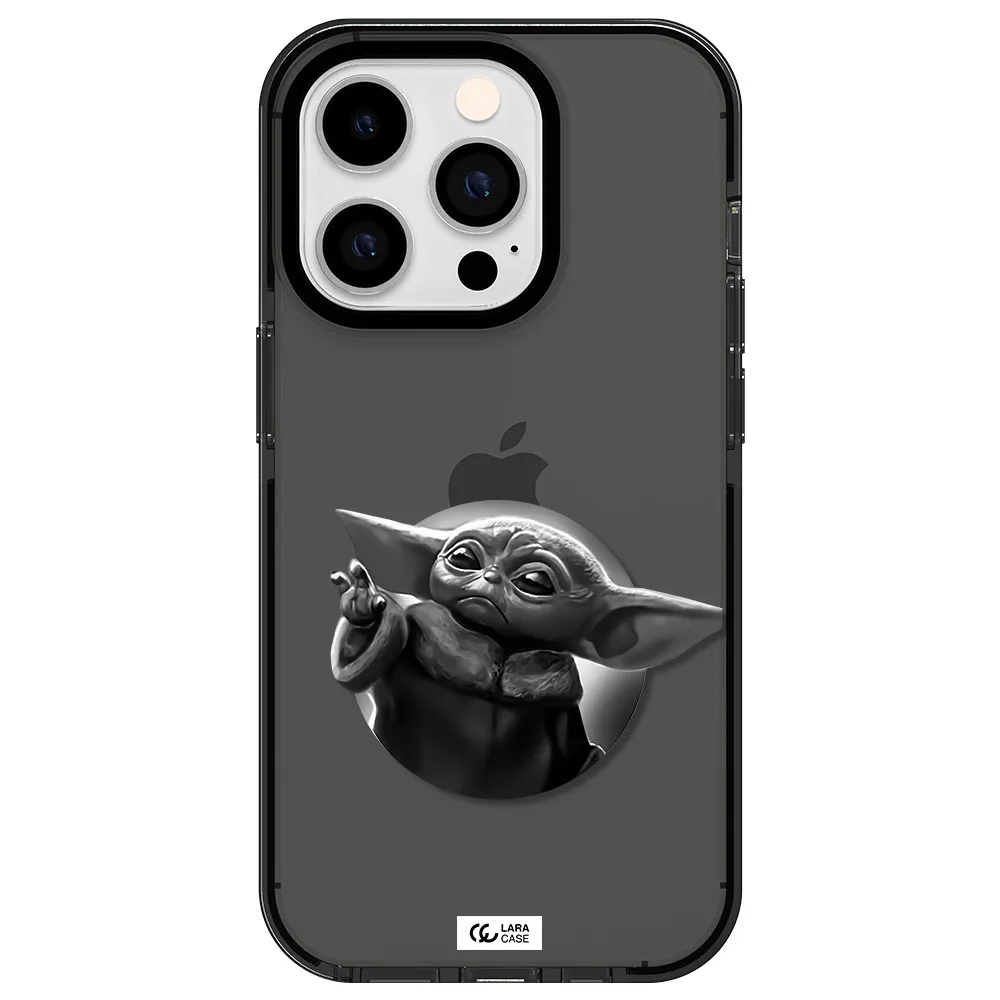 a black and white image of a baby yoda Apple iPhone 14 pro impact Smoke Black Case