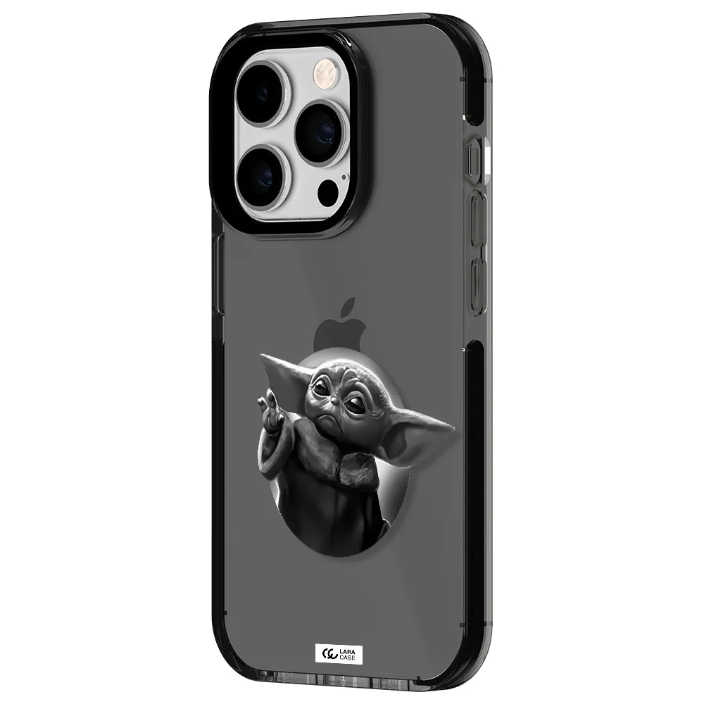 a black and white image of a baby yoda Apple iPhone 14 pro impact Smoke Black Case