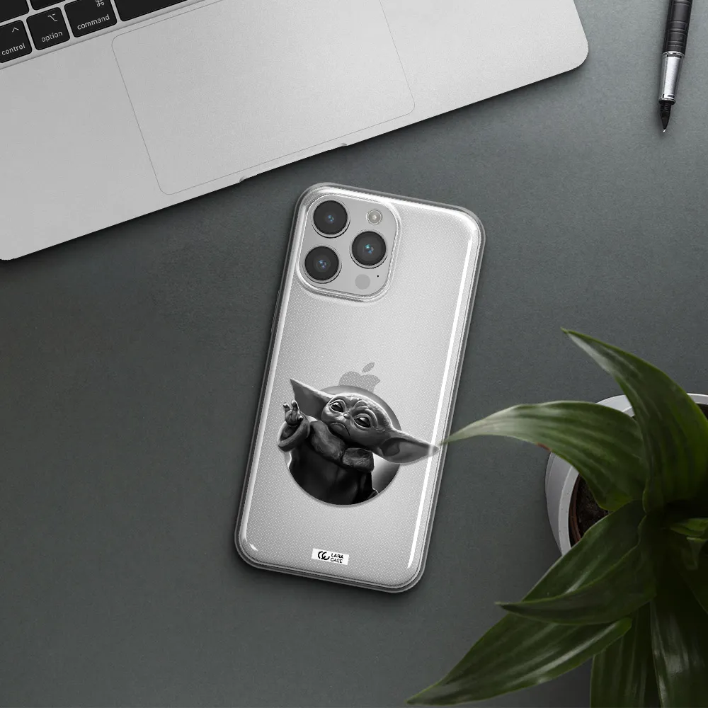 a black and white image of a baby yoda Apple iPhone 14 pro max Clear TPU Case