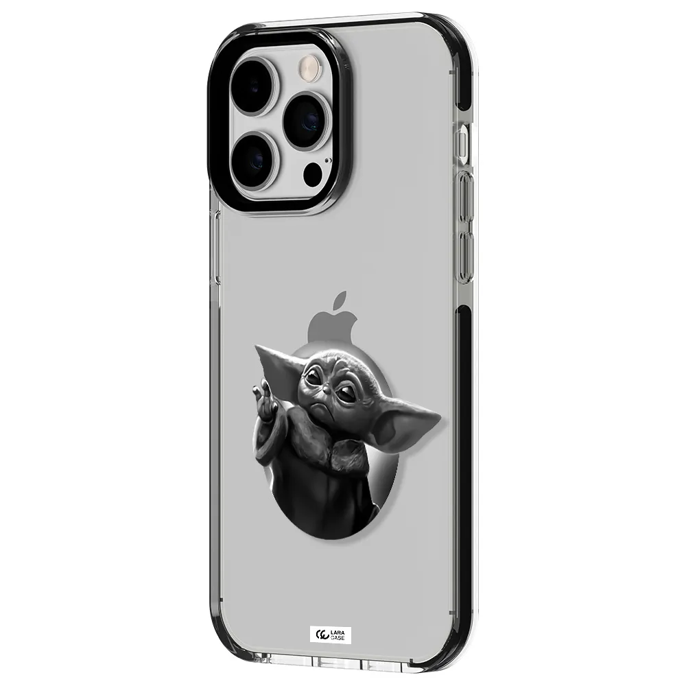 a black and white image of a baby yoda Apple iPhone 14 pro max impact black border Case