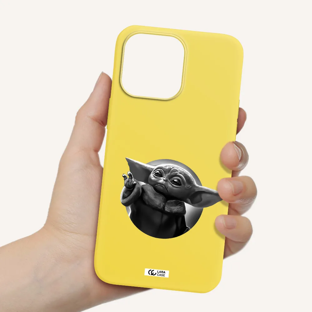 a black and white image of a baby yoda Apple iPhone 14 pro max Silicone canary yellow Case