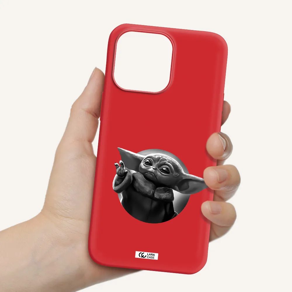 a black and white image of a baby yoda Apple iPhone 14 pro max Silicone Imperial Red Case