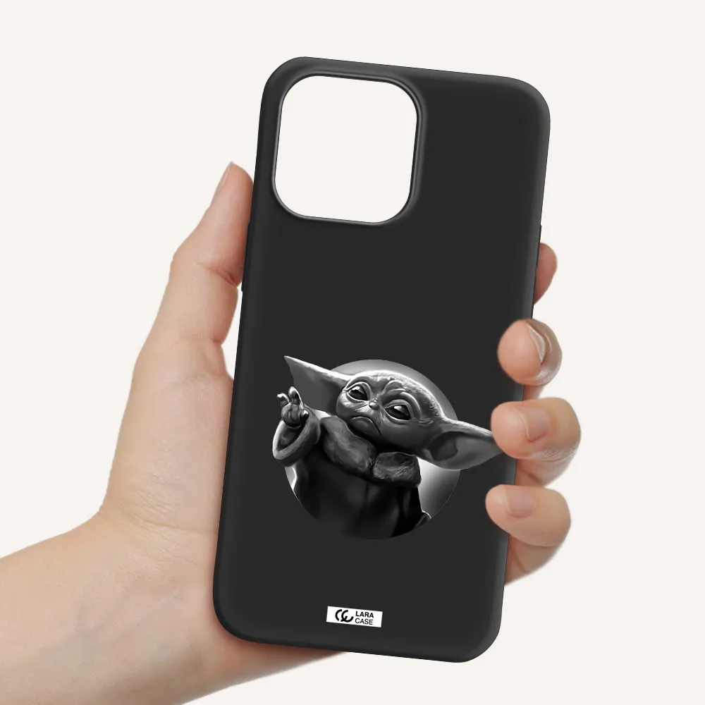 a black and white image of a baby yoda Apple iPhone 14 pro Silicone black Case