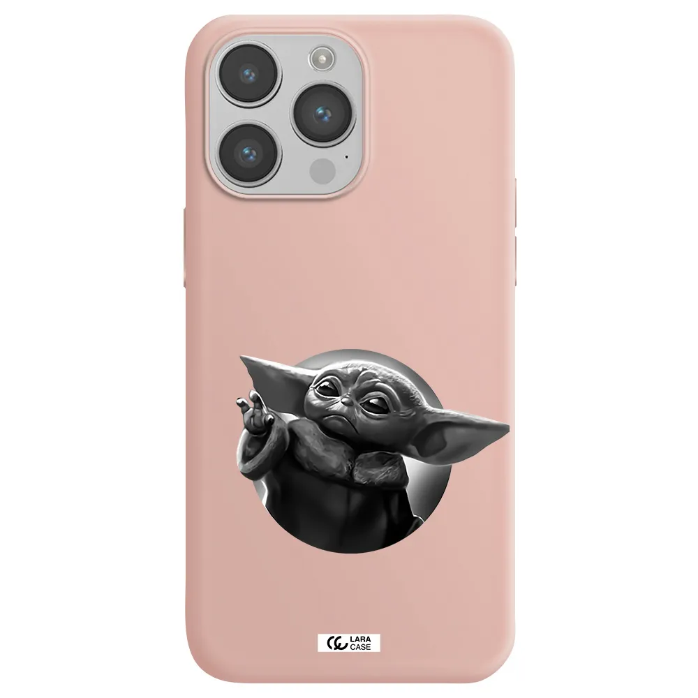 a black and white image of a baby yoda Apple iPhone 14 pro Silicone pastel pink Case