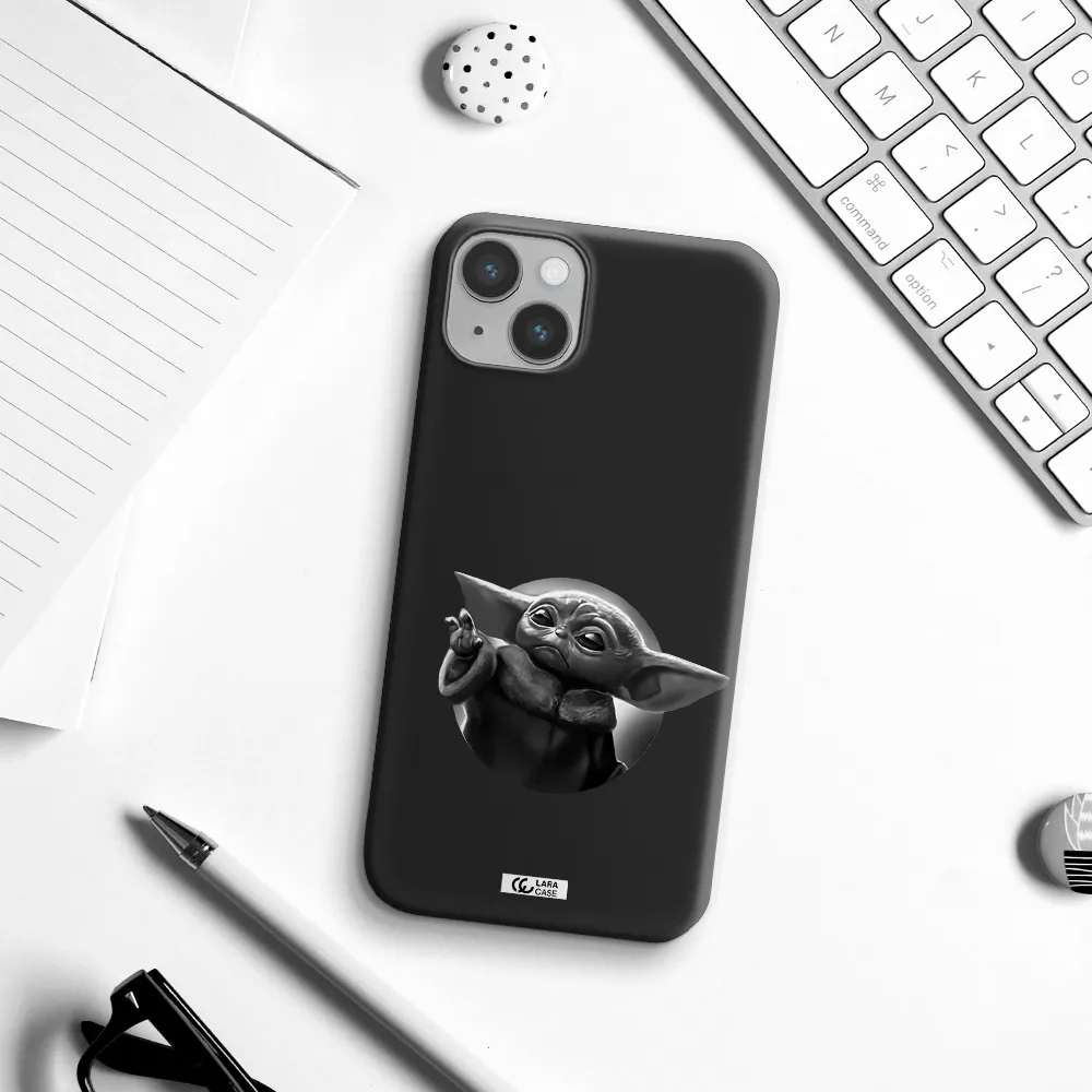 a black and white image of a baby yoda Apple iPhone 14 Silicone black Case