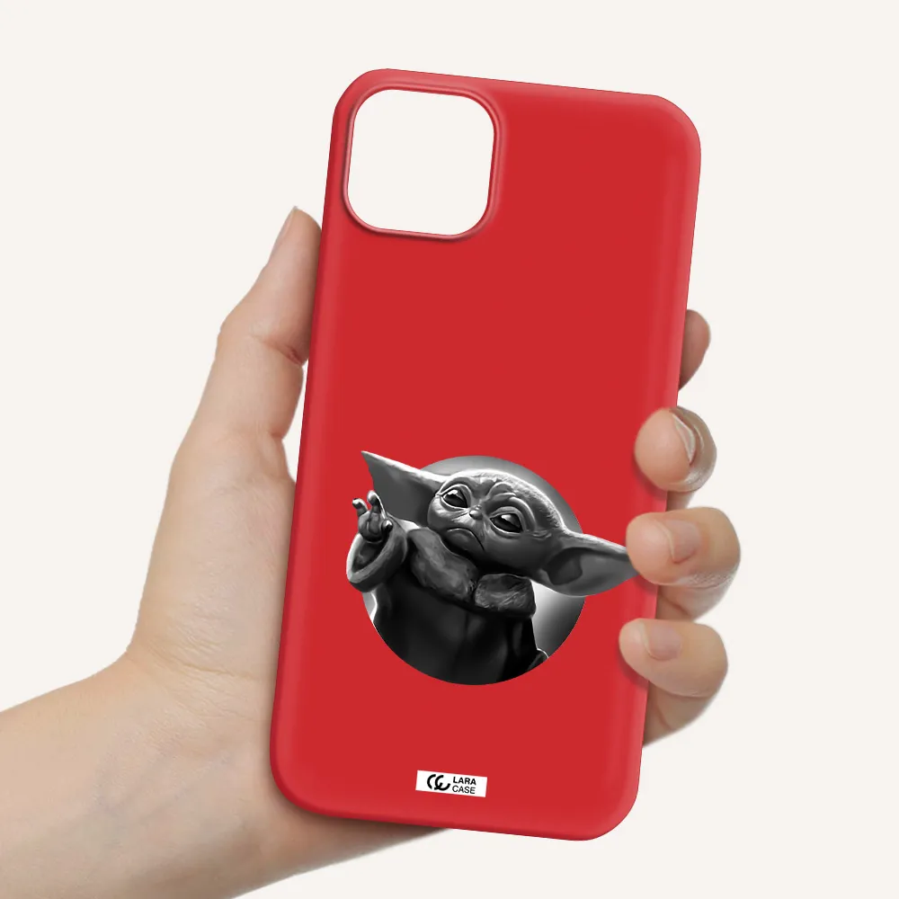 a black and white image of a baby yoda Apple iPhone 14 Silicone Imperial Red Case