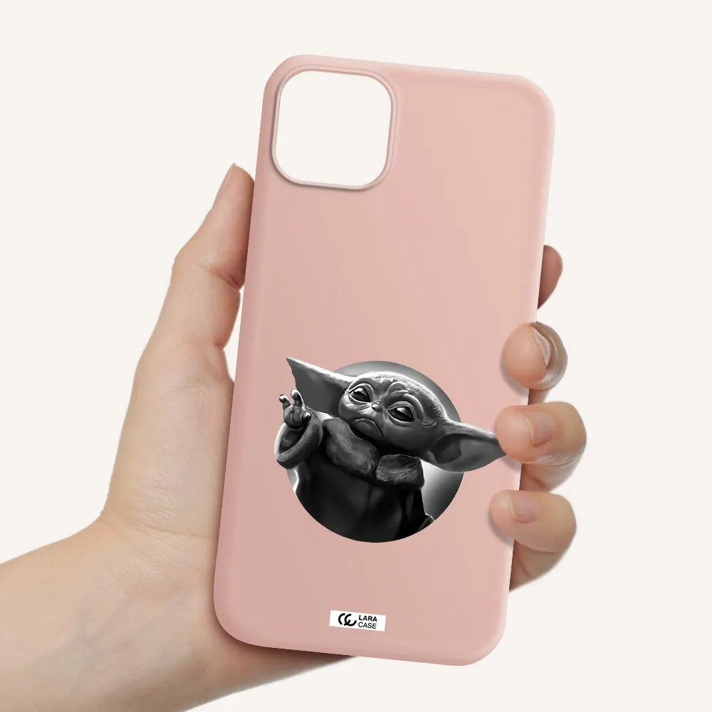 a black and white image of a baby yoda Apple iPhone 14 Silicone pastel pink Case