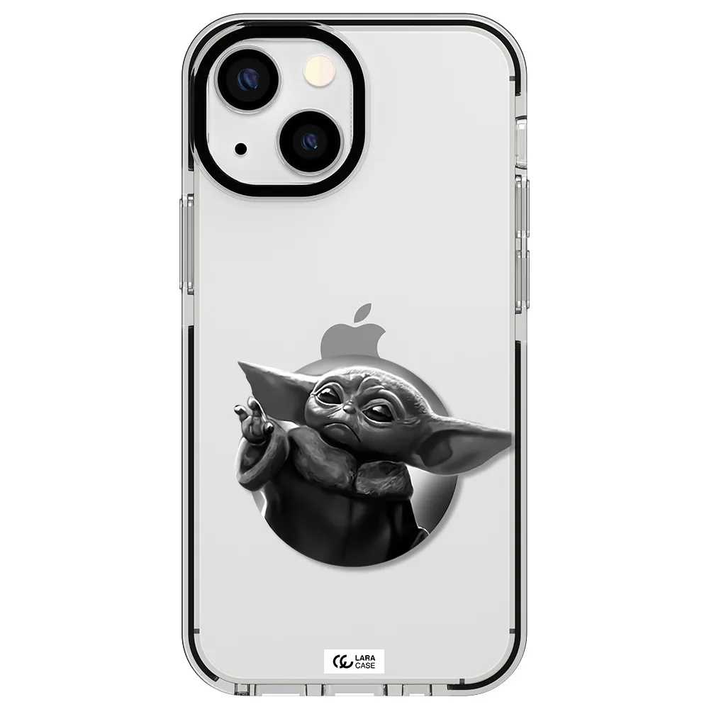 a black and white image of a baby yoda Apple iPhone 15 impact black border Case