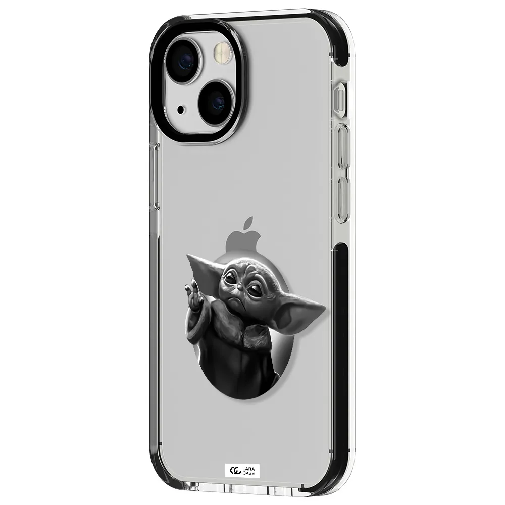 a black and white image of a baby yoda Apple iPhone 15 impact black border Case