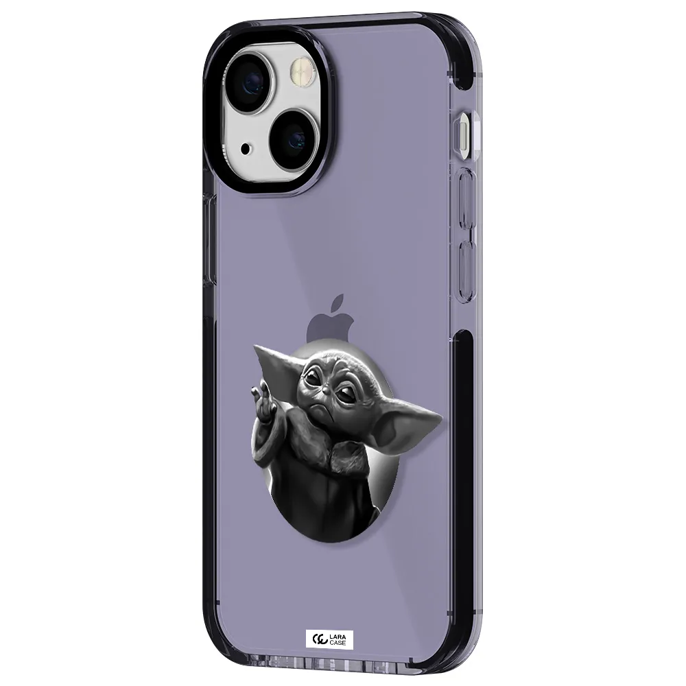 a black and white image of a baby yoda Apple iPhone 15 impact Lilac Case